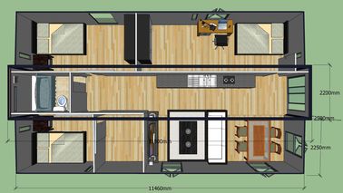 Maisons expansibles transportables de conteneur, Chambre préfabriquée de 2 chambres à coucher avec la cuisine